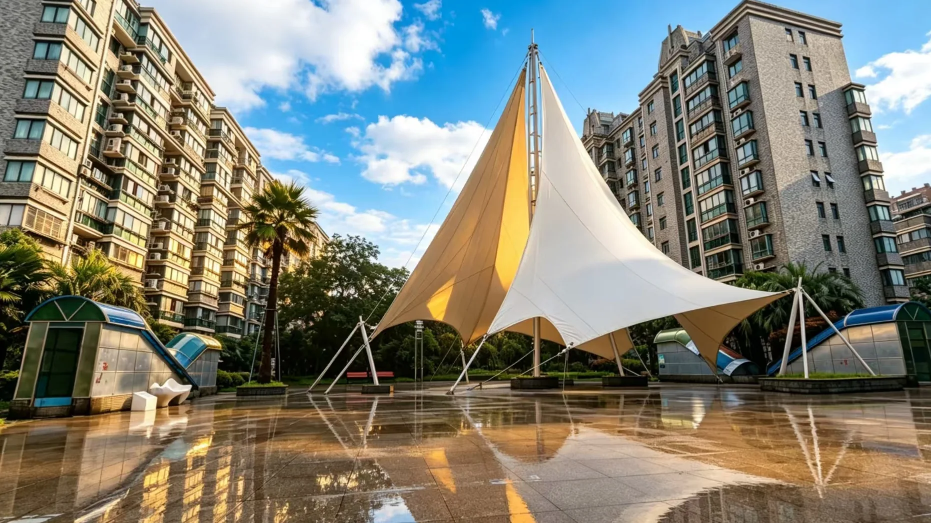 四季绿城社区实景:中央广场与住宅楼——整社区智慧通行案例