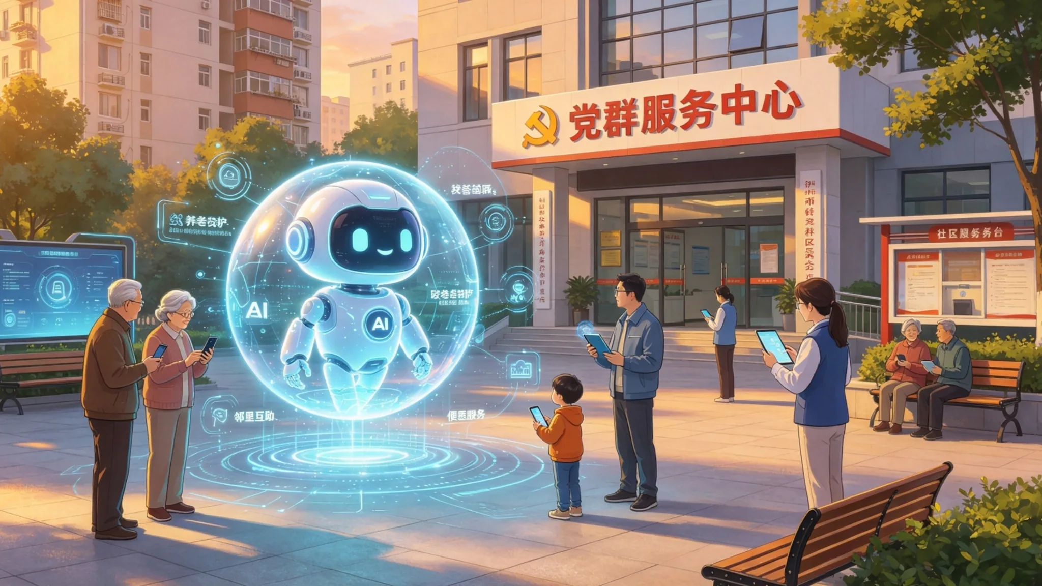 社区 AI 智能体插画:党群服务中心前,AI 机器人向居民提供养老守护、设备检测、政务咨询、邻里互助等便民服务
